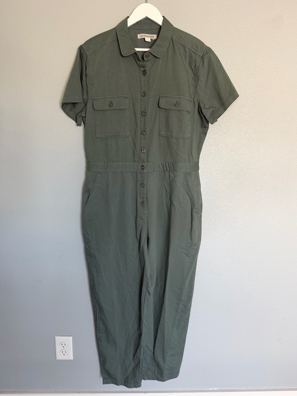 Outerknown grey cotton linen SEA short sleeve utility coveralls jumpsuit sz L